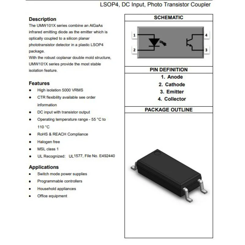 10PCS EL1018 1018 EL1018(TA) VG DC-IN 1-CH Transistor DC-OUT 4-Pin SOP Optocoupler - Phototransistor output.