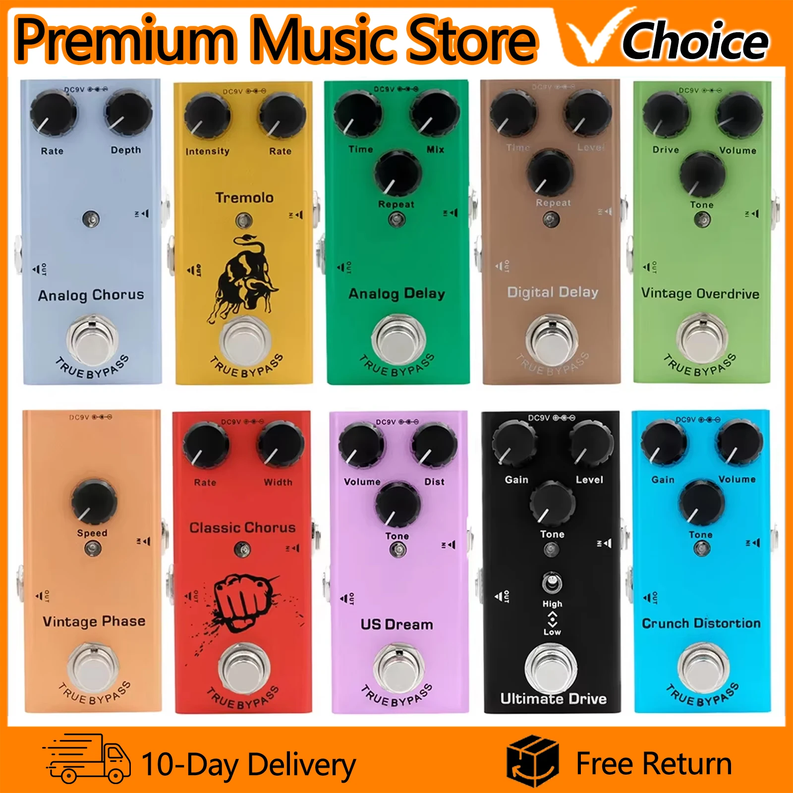 Electric Guitar Pedal Vintage Overdrive/Distortion Crunch/Distortion/US Dream/Classic Chorus/Vintage Phase/Digital Delay