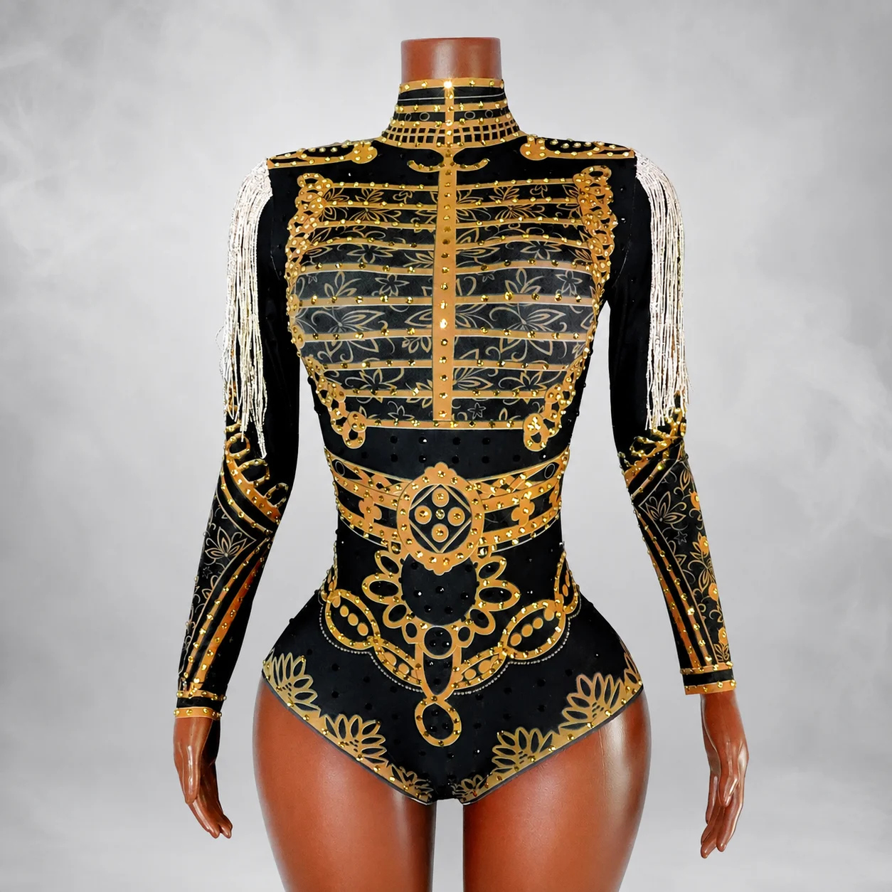 Luxuriöser Schwarzer Gold-Strass-Fransen-Bodysuit für Damen, Langarm, Showgirl-Kostüm, Bühnen-Drag-Queen, GOGO-Tanz, Vegas
