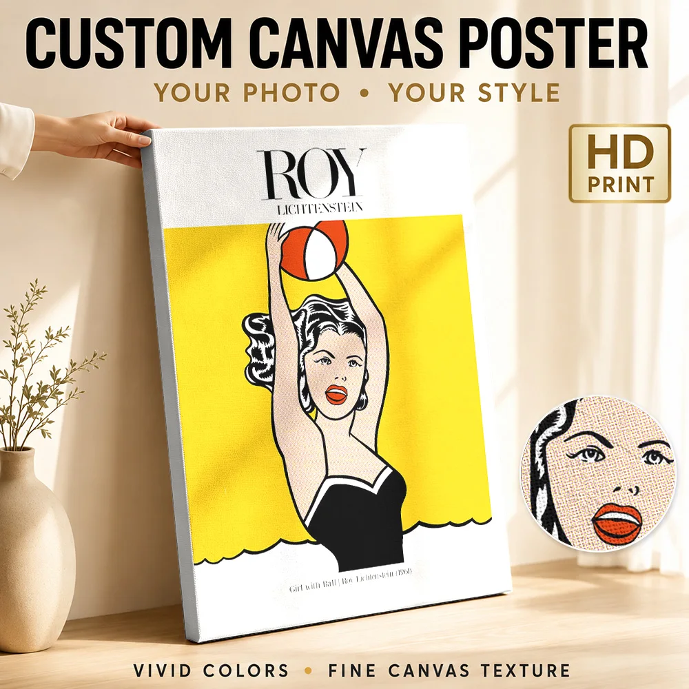 Roy Lichtenstein | Girl with Ball Canvas Painting Poster Personalized Photo Modern Aesthetic Canvas Wall Art for Bedroom Decor