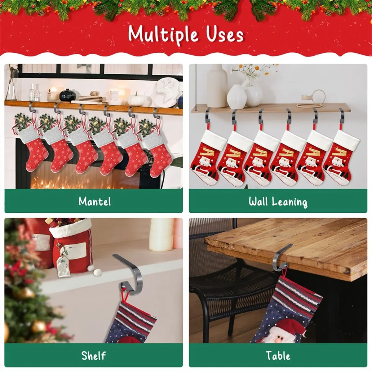[N84R] 6PCS Christmas Stocking Holders for Mantle Set of 6 Mantel Decor Hooks Christmas Sock Hook Black