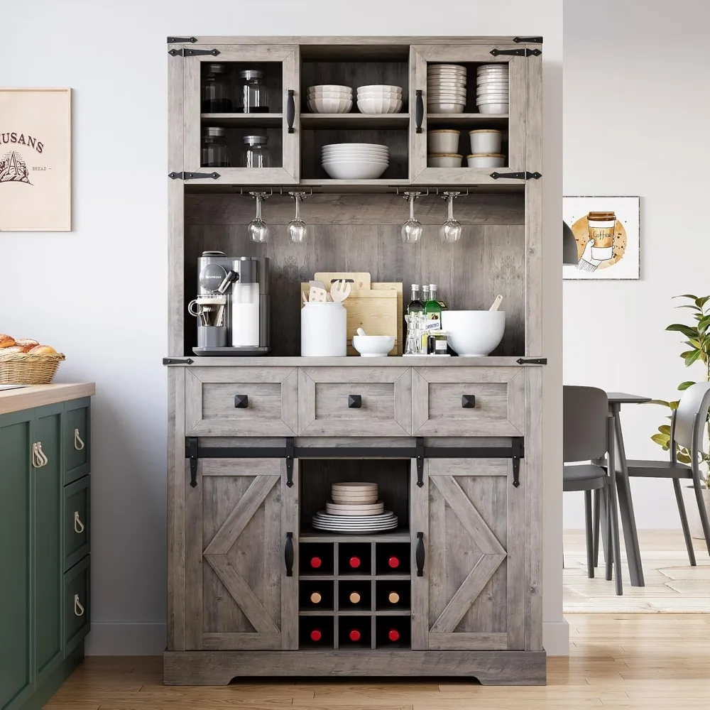 

Farmhouse Bar Cabinet with Sliding Barn Door, Tall Kitchen Buffet with Storage Hutch and 3 Drawer, Rustic Coffee Wine Bar