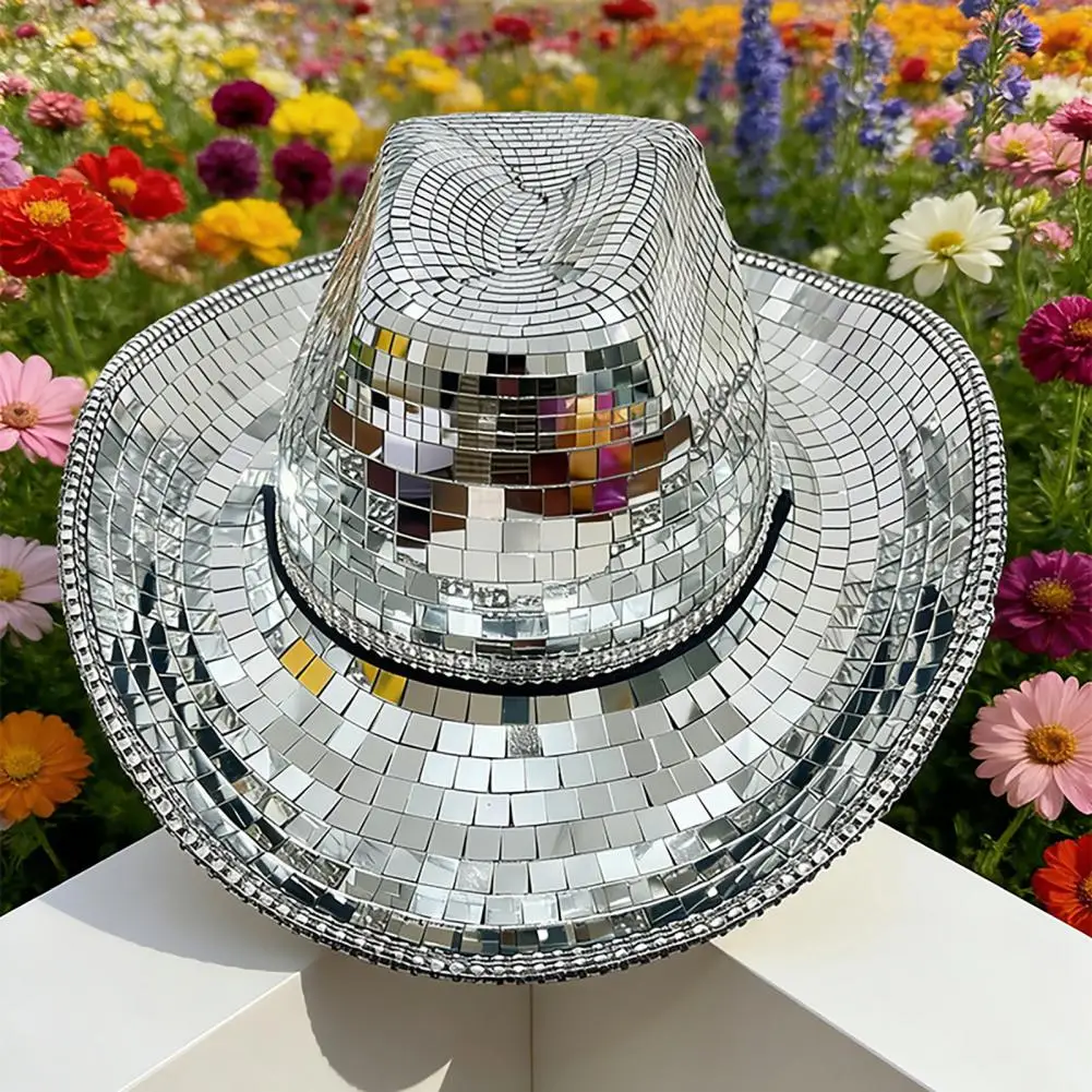 Concave Top Cowboy Hat for Men Women Durable Disco Hat Sparkly Silver Disco Mirror Hat for Festivals Party Disco Accessory