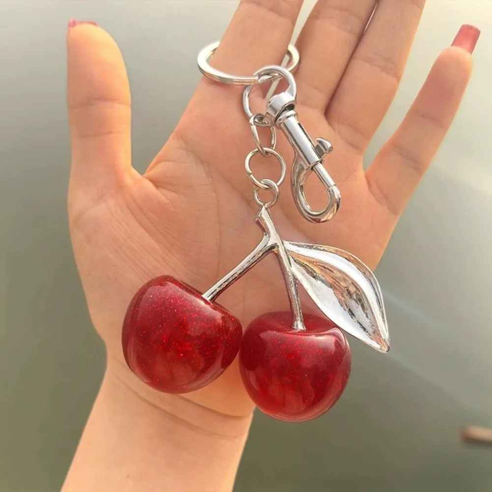 Sparkling Cherry Keychain Fruit Resin Keychains Glitter Finish DIY Jewelry Earphone Case Pendant Backpack Hanging Decoration