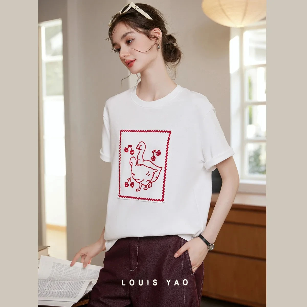 LOUIS YAO Color Block Embroidery Women T-Shirt 2026 Summer Top Youthful Fashion Loose Comfy Drop Shoulder Short Sleeve Shirt