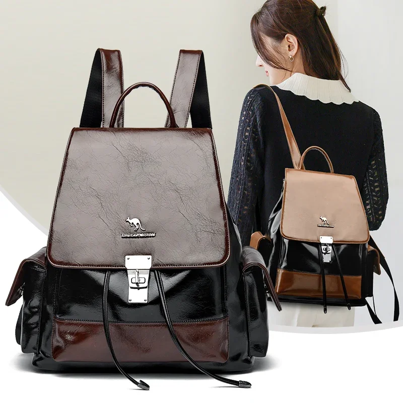 

Fashion Retro Color Blocking Women’s Backpacks Famous Brand High Quality PU Leather Backpack Ladies Large Capacity Shoulder Bags