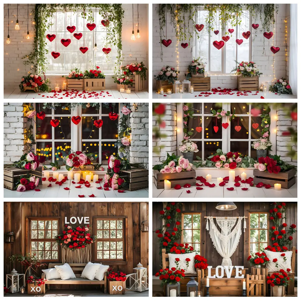 발렌타인 데이 사진 배경, 레드 러브 하트 꽃 창, 로맨틱 발렌타인 웨딩 파티 사진 배경, 2 월 14 일