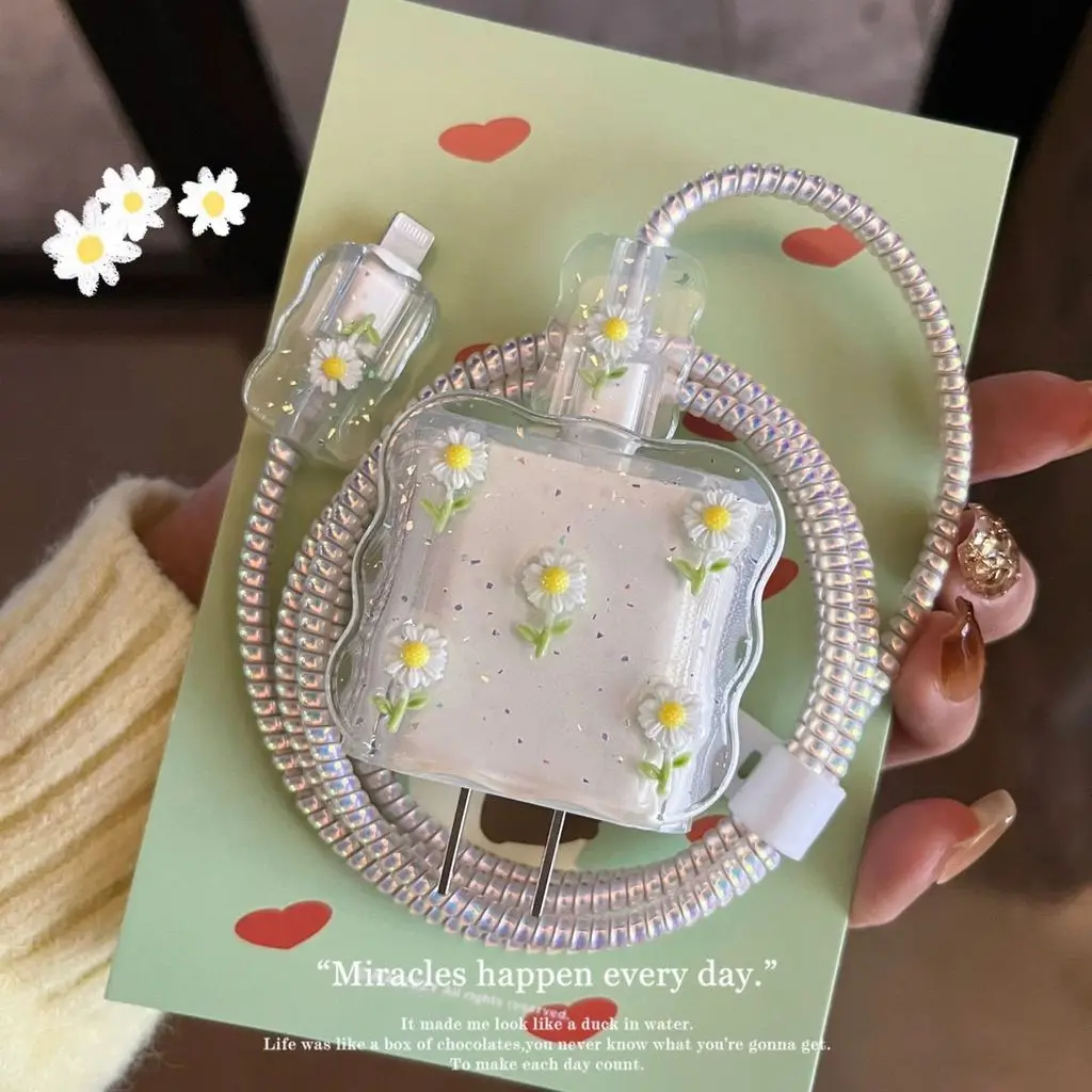 

Cute 3D Metal Flower Glitter USB Cable Protector Cover for iPhone 17 18W-20W 40w Data Line Bite Head Cord Fast Charging Case