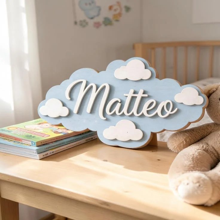 1Pc Custom Light blue clouds Wooden Name Plaque,Home Room Office Nursery  Wall Door Decor,DIY Paintable,Birthday Wedding Gift view 6