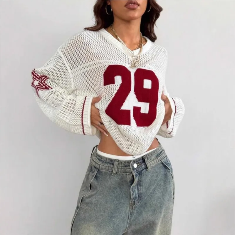 

Y2K Style Sports Jersey Women's Knitted Tops Fashionable Digital Printed Round Neck Long Sleeve Jumper 2025 Summer Street Trend
