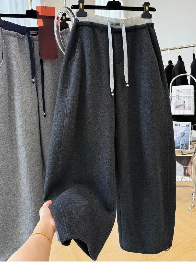 

Patchwork Drawstring High Waist Wide Leg Pants for Women Spring and Autumn Curved Hem Trousers