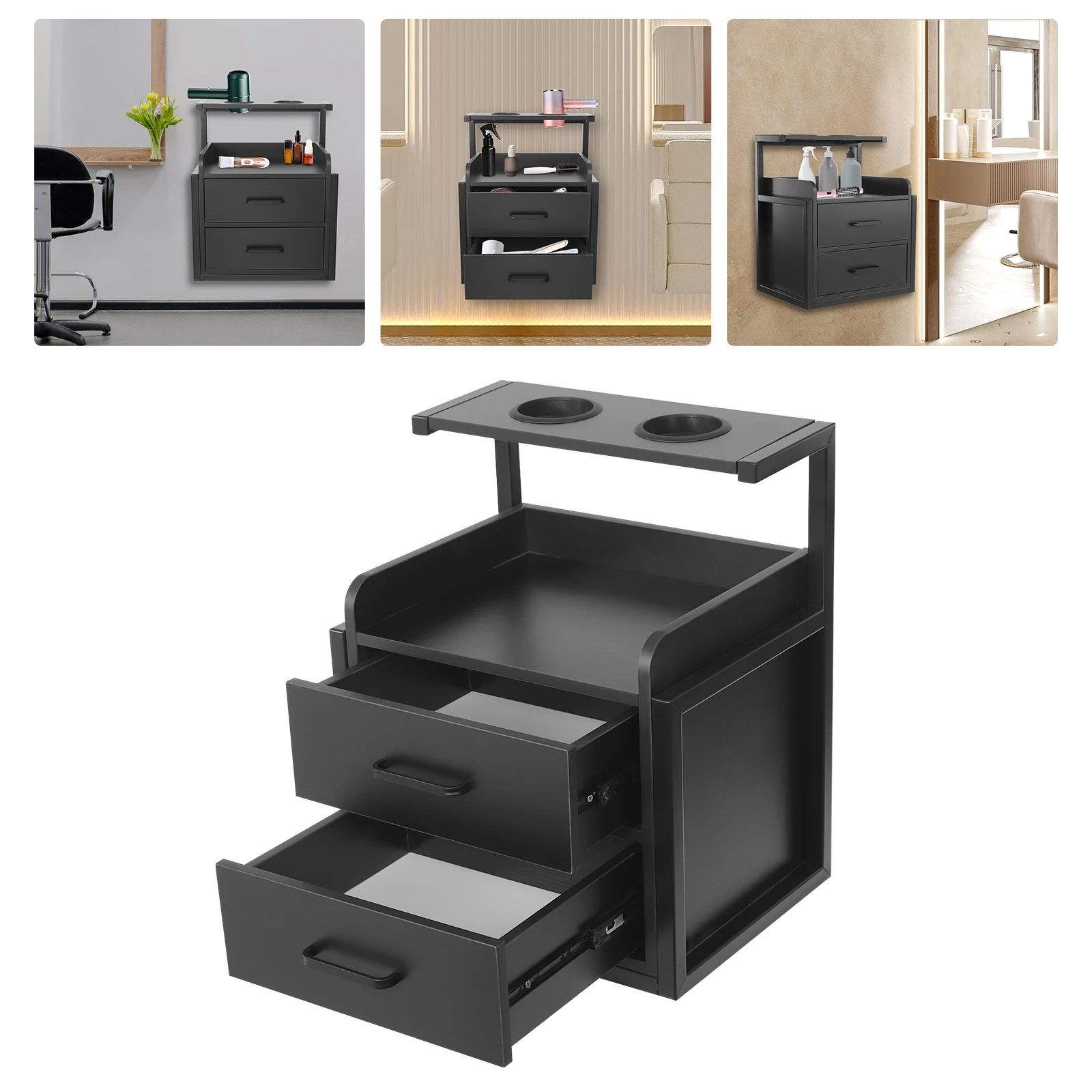 Armoire murale de rangement pour salon, 2 tiroirs, capacité 50 kg, moderne, noire, en panneau de densité et fer, pour salon de coiffure