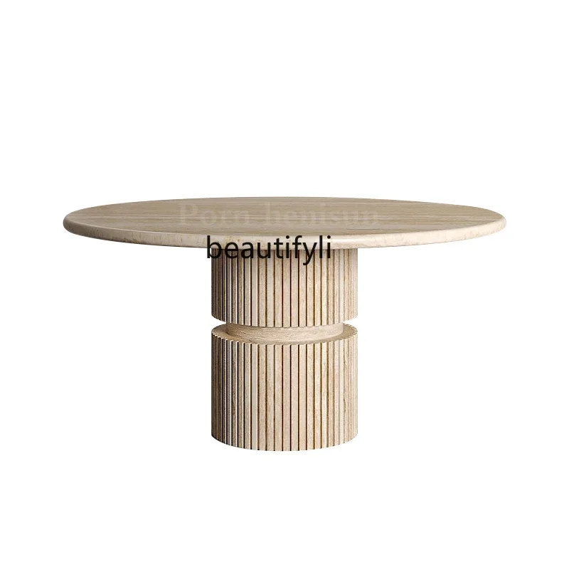 

French light luxury high-end natural Roman travertine marble round dining table small apartment