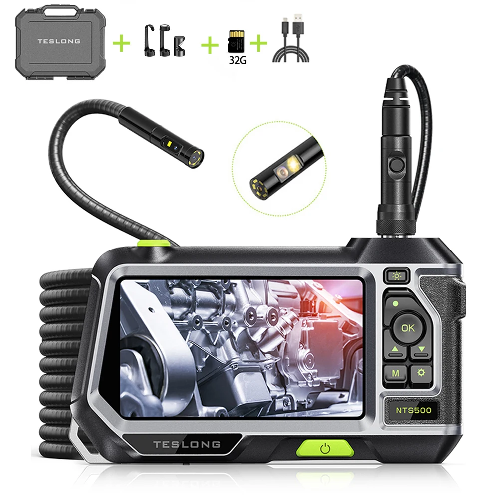 TESLONG NTS500 5.0 LCD Screen 8mm Dual Lens Industrial Endoscope Camera 1080P IP67 Pipe Car Inspection Borescope 32GB