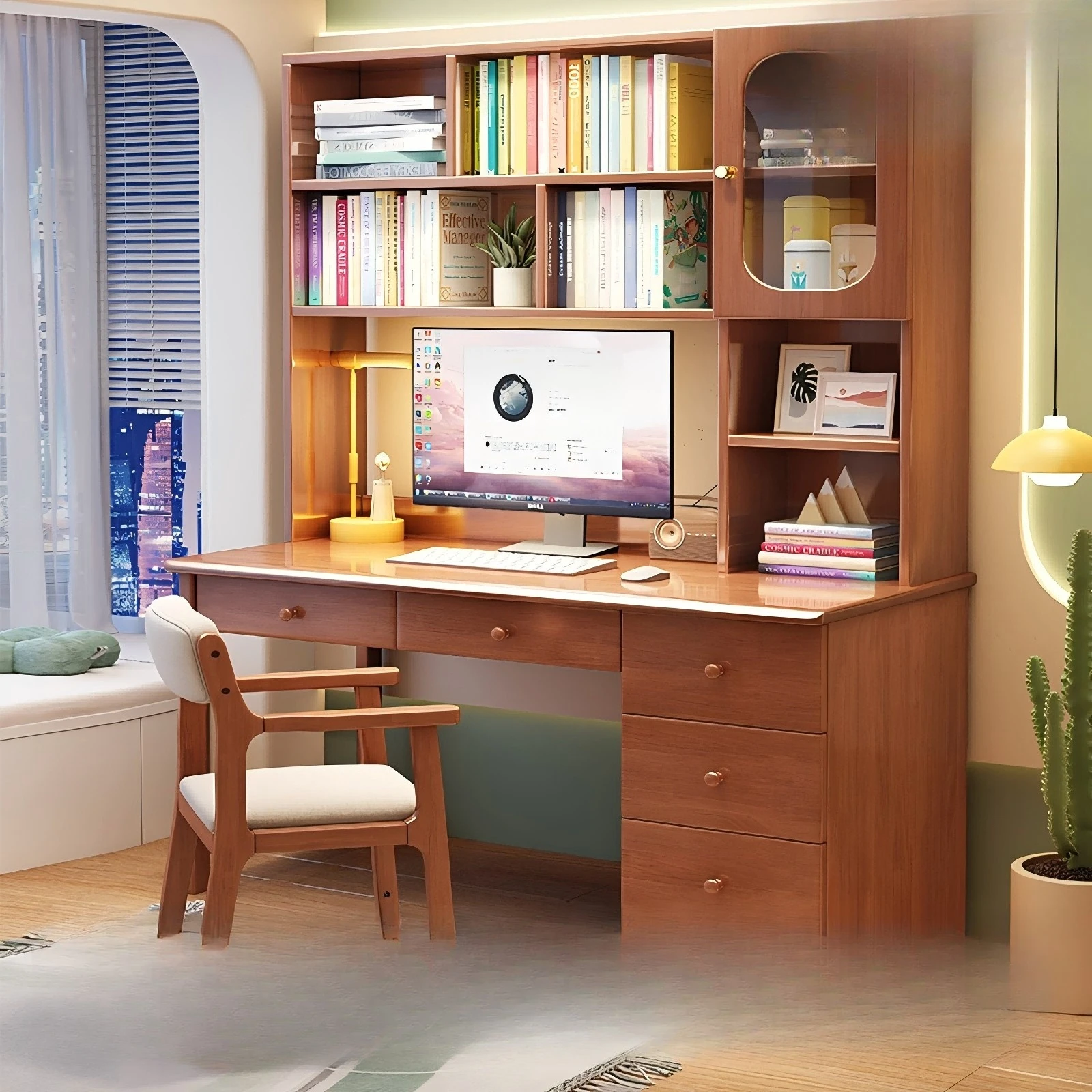 Solid wood computer desk household desk bookshelf bookcase integrated multi-functional study table
