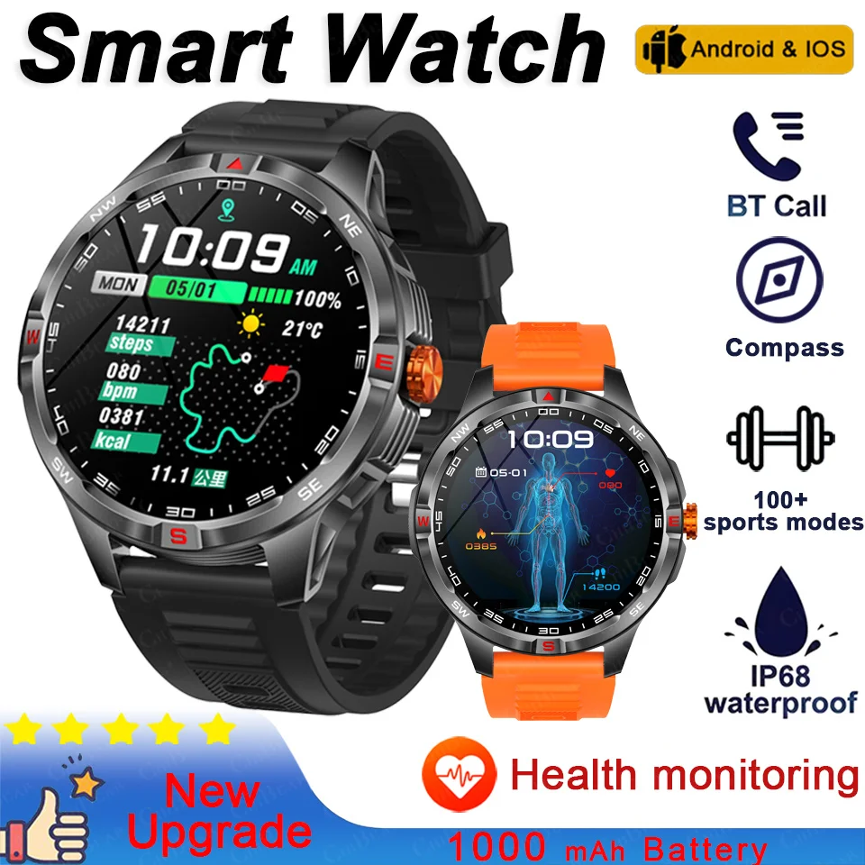 

Sports Smart Watch Men Compass 1000mAh Large Battery Bluetooth Call 1.46 Inch Health Monitoring Waterproof Smartwatch 2025 New