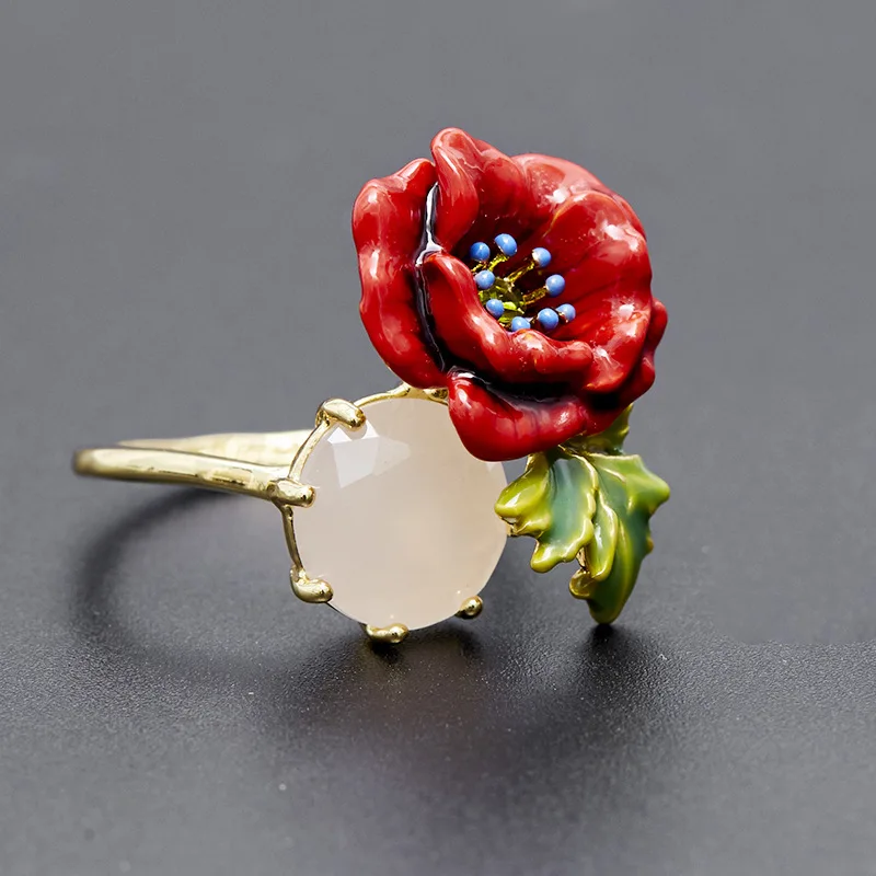 

European and American Atmospheric Fashion Enamel Glaze Red Flower Green Leaf Pink Gem Opening Ring Female