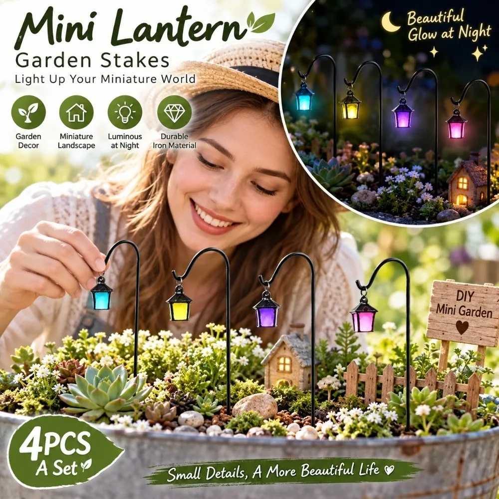 4pcs Micro Landscape Glow Lantern for Potted Plants with Hooks Mini Solar Luminous Lantern Garden Decor Miniature Stake Lantern