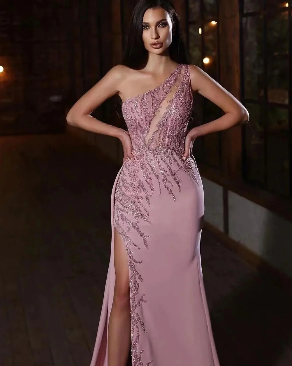 Maßgeschneiderte komplizierte exquisite Jersey-Perlen-Pailletten-Meerjungfrau-Cocktailkleider One-Shoulder-lange Kleider Abendkleider Sexy – Detail 2