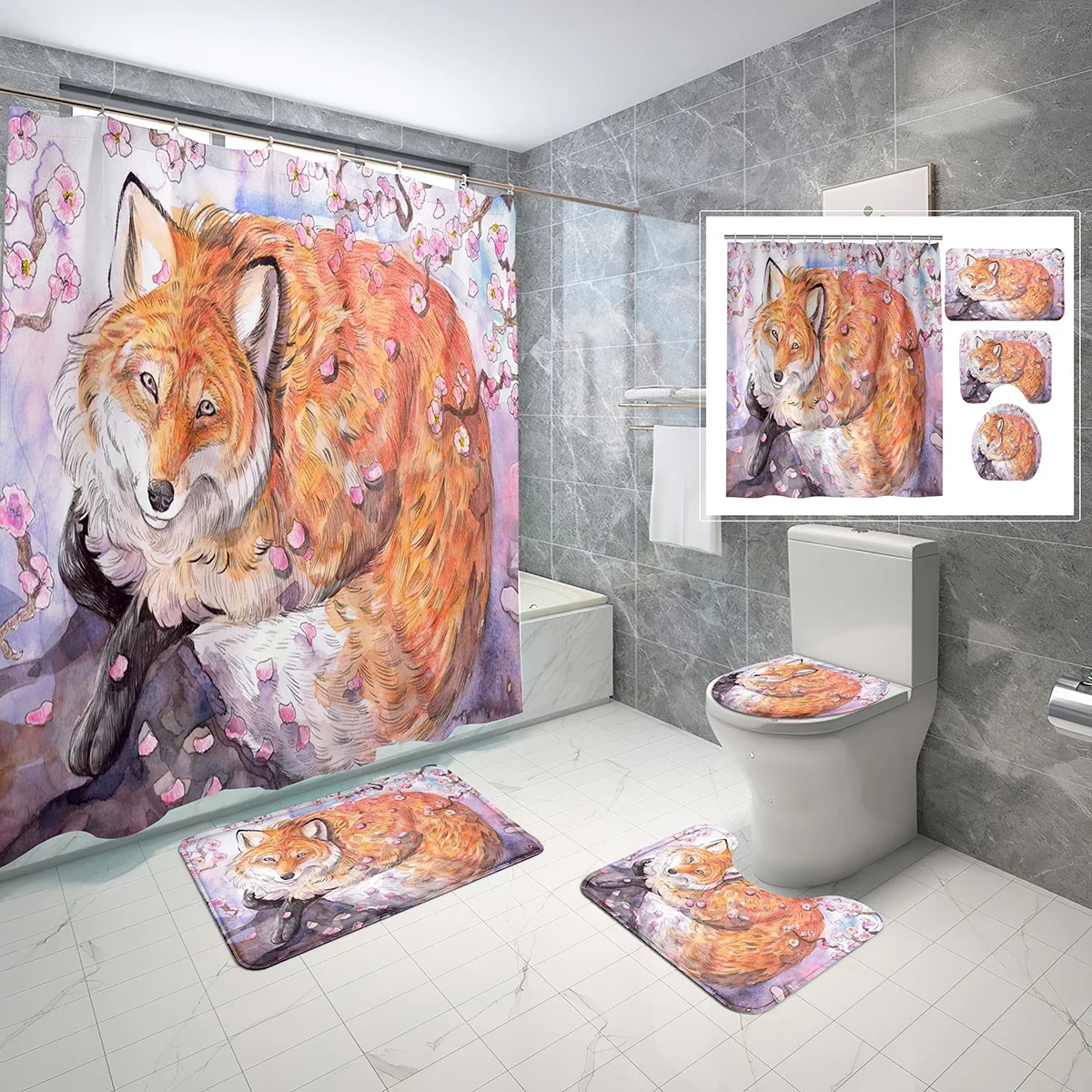 4 Pcs Fox Shower Curtain Sets Doodles Style Forest Animals Non-Slip Bath Mat Toilet Cover Waterproof Fabric Shower Curtain Set