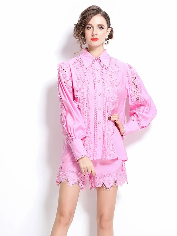 Luxury Women Lace patchwork 2 Piece set 2025 Spring summer Pink Hollow out shirt Long sleeve blouse And High waist shorts 4T244