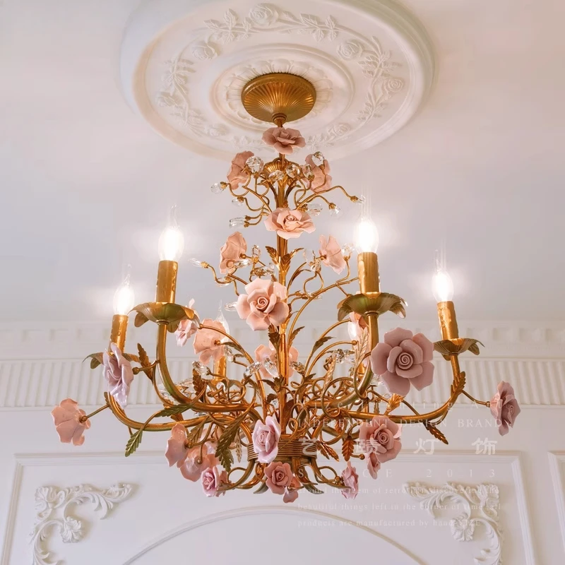 French vintage country pendant lamp - rose flower dining room candle lamp - American country children's room bedroom lamp