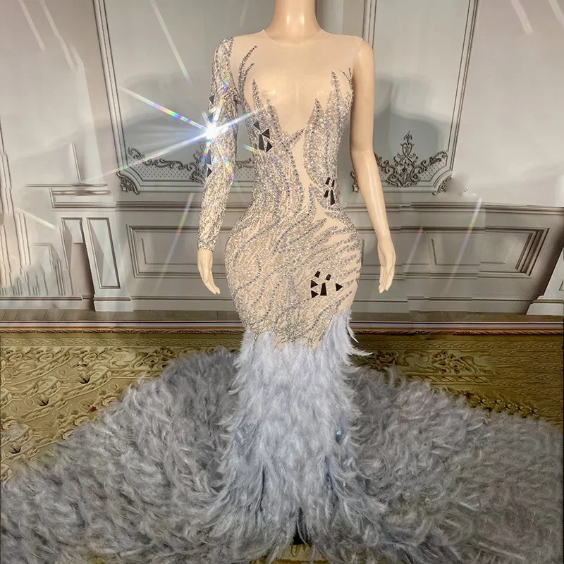 Sparkly Rhinestones Floor-length Feathers Dress for Women Elegant Birthday Celebrate Wedding Evening Prom Dress Photo Shoot Wear