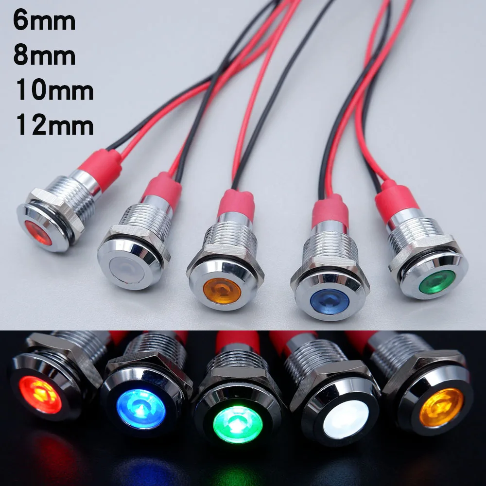 Metal Indicator Light 6mm 8mm 10mm 12mm LED Warning Signal Lamp Pilot With Wire 3V 5V 12V 24V 220V Red Blue Green Orange White