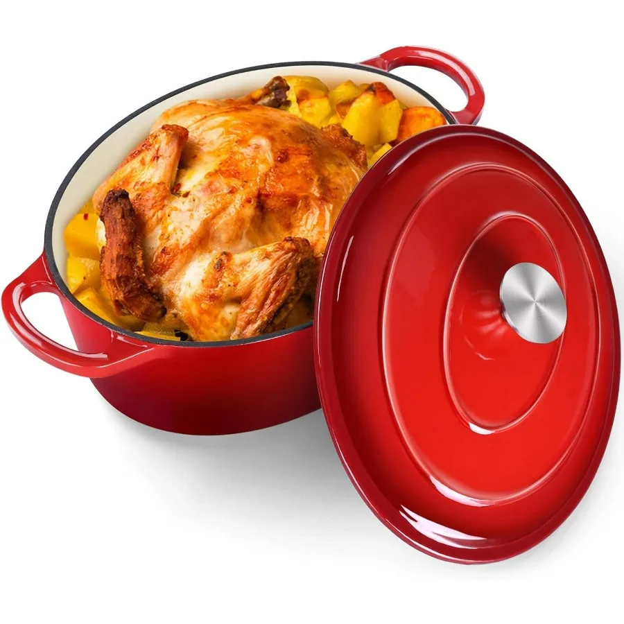 

Овальная голландская духовка с крышкой, эмалированная литая голландская духовка для выпечки хлеба, тушения, тушения, обжарки, антипригарного покрытия и безопасного в духовке, Dua