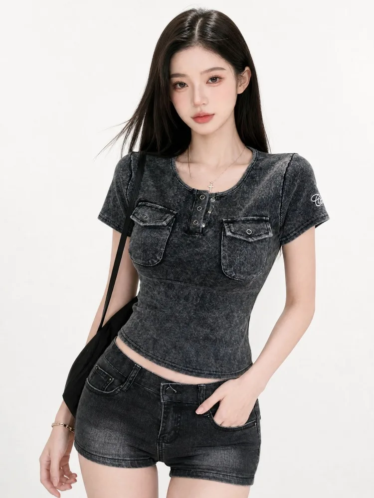 

Retro Washed Short Sleeve T-Shirt Women's Slim Fit Short Style Summer New Hot Girl Fashion Pocket Design City Walk Casual Top