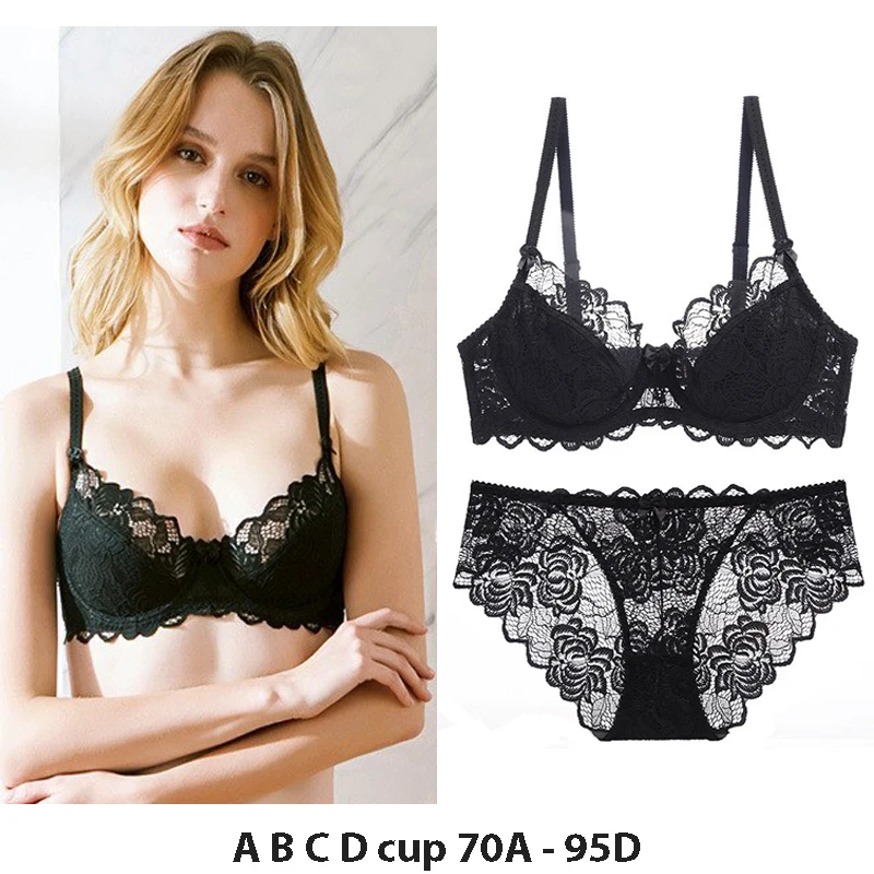 

high quality sexy women bras and brief set push up thin lace A B C D cup comfortable wire summer lingerie underwear black grey