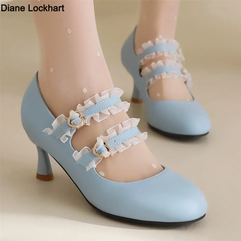 

Spring Women Thin High Heels Round Toe Mary Jane Pumps Party Wedding Cosplay White Pink Black Blue Princess Buckle Lolita Shoes