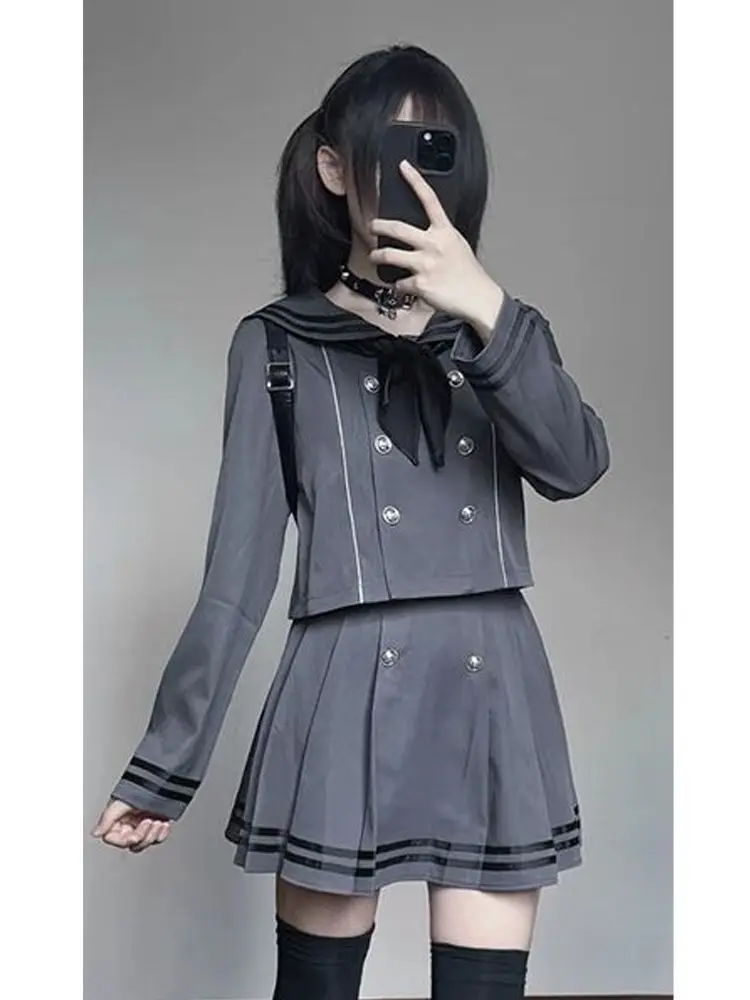 Sailor Style Subculture 2 Piece Sets Women Double Breasted Bow Long Sleeve Pleated Mini Skirt Female Autumn Daily Chic Clothes
