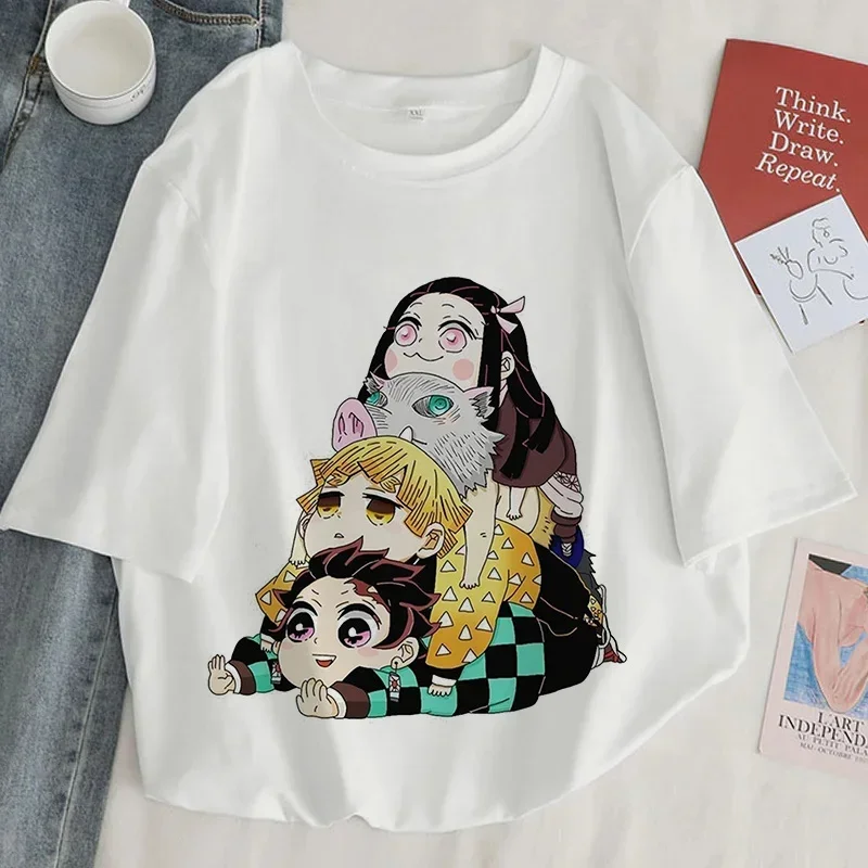 T-Shirt imprimé Demon Slayer pour femmes, Style Harajuku, haut blanc à manches courtes, Anime japonais, Streetwear, T-Shirt d'été