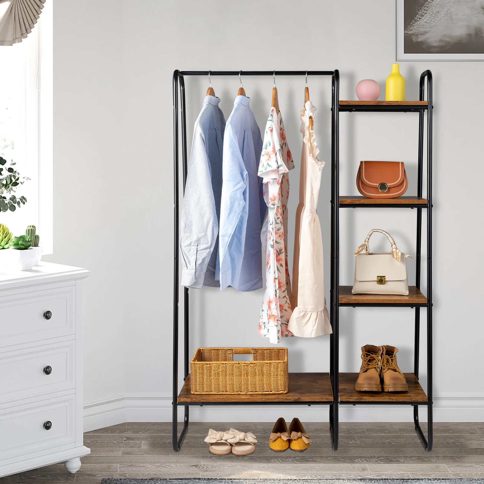 

Clothes Rack with 5 Wood Shelf, Freestanding Clothing Rack，Garment Rack, Standing Metal Sturdy Clothing Rack