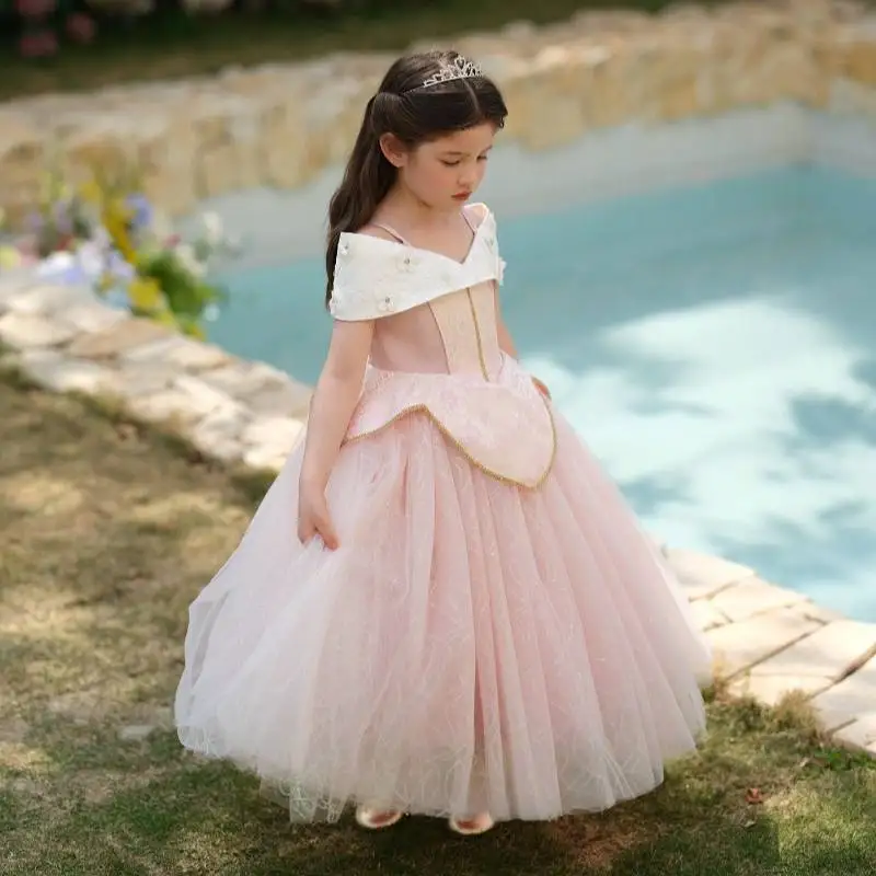 Little Girls Luxury Pink Tulle Off Shoulder 3D Flower Lace Puffy Tutu Dress Toddler Wedding Flower Girl Birthday Party Outfit
