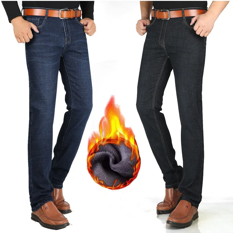 Jean polaire pour hommes grands hiver noir Denim 117CM Extra Long grande taille 44 42 mince chaud droit pantalon étiré grand pantalon