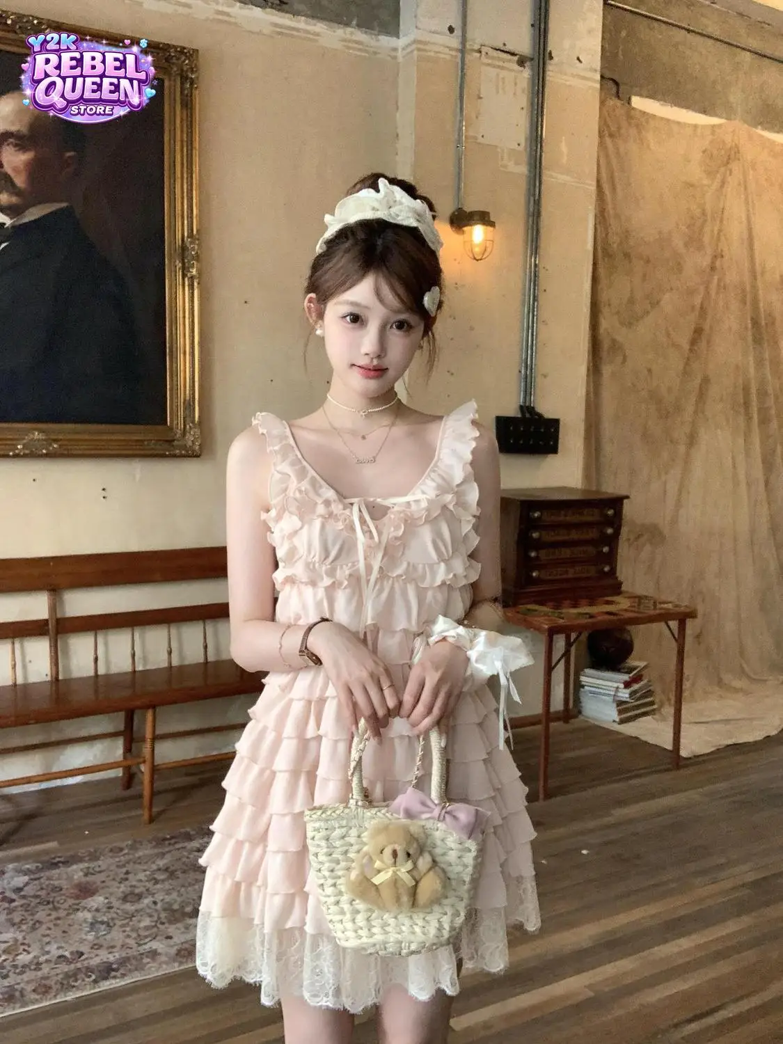 French Sweet Princess Camisole Dress Women V Neck Bow Ruffle Trim Layered Cake Lace Hem Slim Fit Mini Dress Elegant Outfit 2026