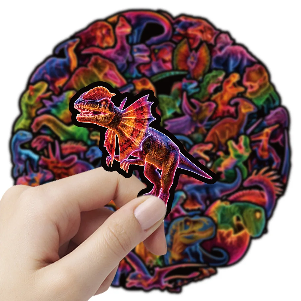 50PCS Cartoon Neon Dinosaur Stickers Holographic Reflective Colorful Laser Decorate Phone Helmet Car Waterproof Stationery Decal