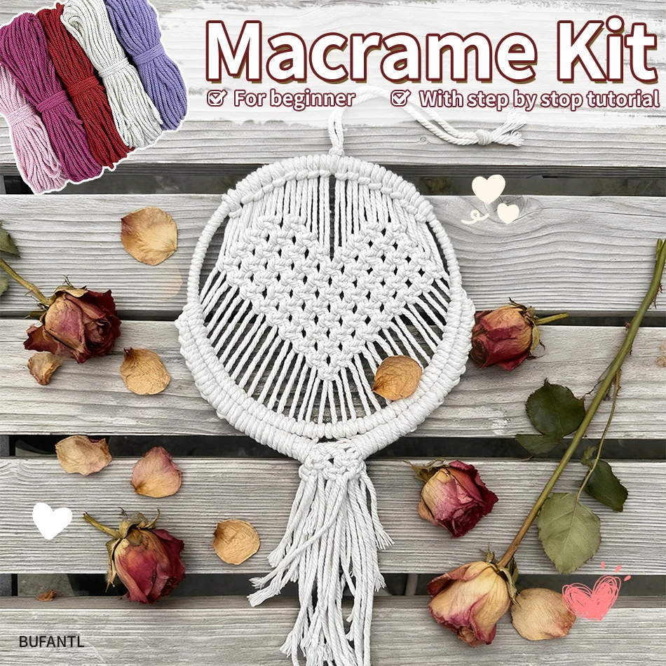1 Set Makramee-Herz-Blumen-Hängekorb-Set, DIY-Bastelset für Anfänger, Polyester Gewebte Wanddekoration für Zuhause
