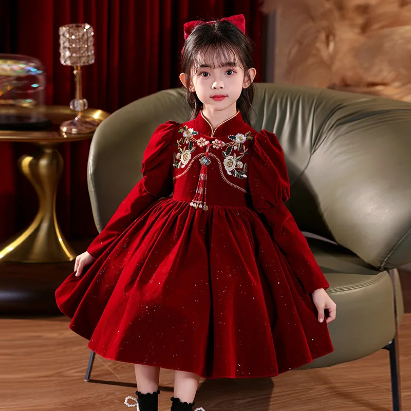 Girls\' Autumn and Winter New Festive Turtleneck New Year Clothes New Chinese Princess Dress