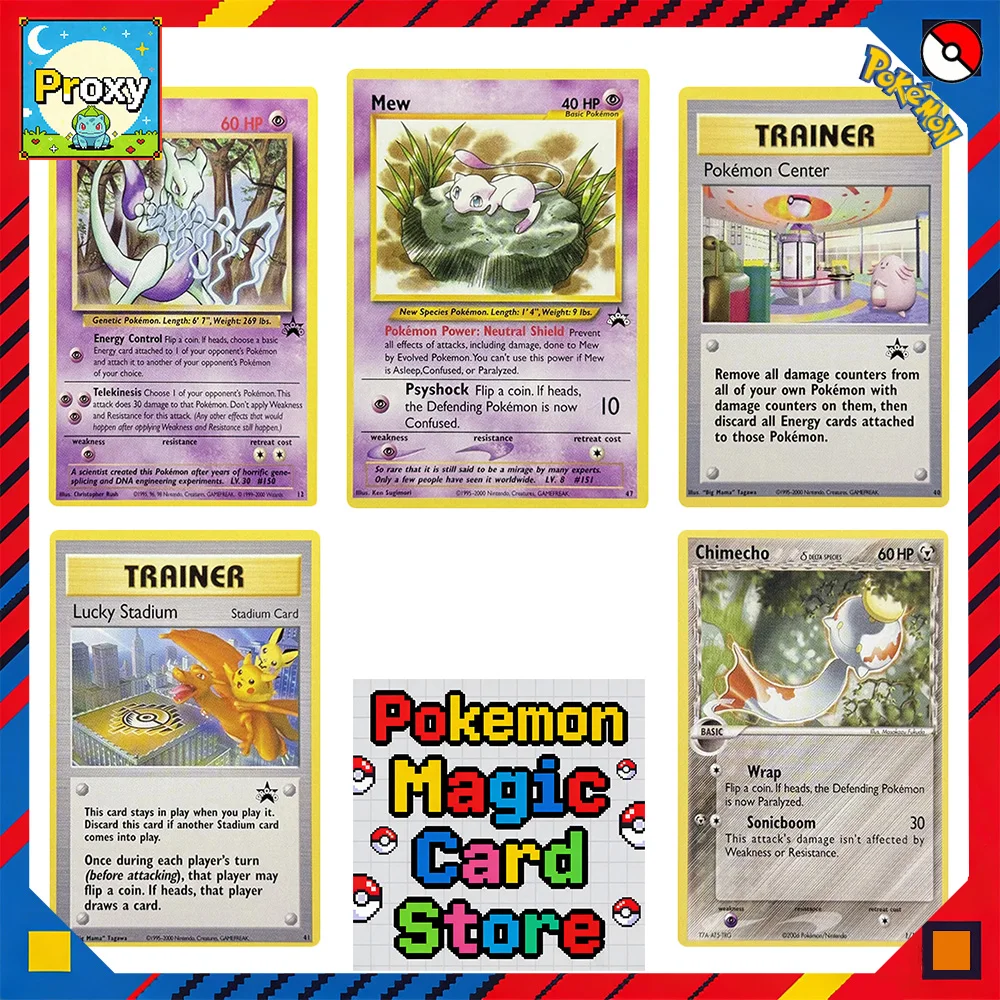 

Коллекционные карточки для игры в покемонов: Pokémon Center, Lucky Stadium, Mew, Mewtwo, Chimecho, PKM, DIY-карточки, PTCG, игрушки, подарки