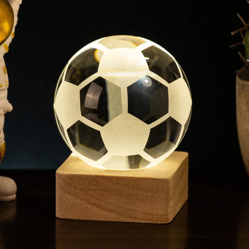 1pc 3D Soccer Atmosphere Lamp Crystal Ball Table Decorative Beech Wood Base Creative Night Light Gift for Friends