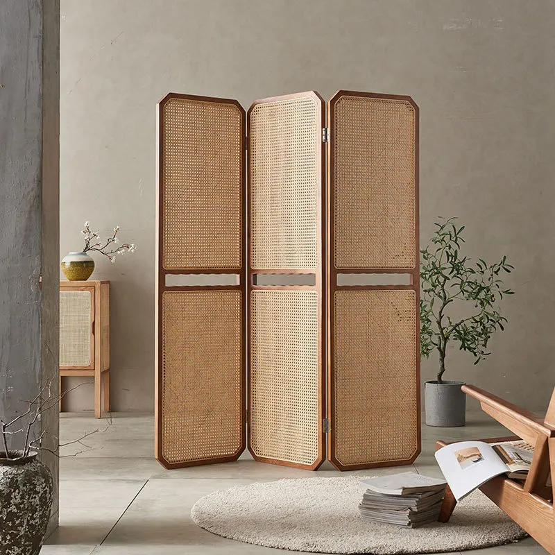 Solid wood screen movable folding rattan partition living room entrance block new Chinese door decoration folding screen