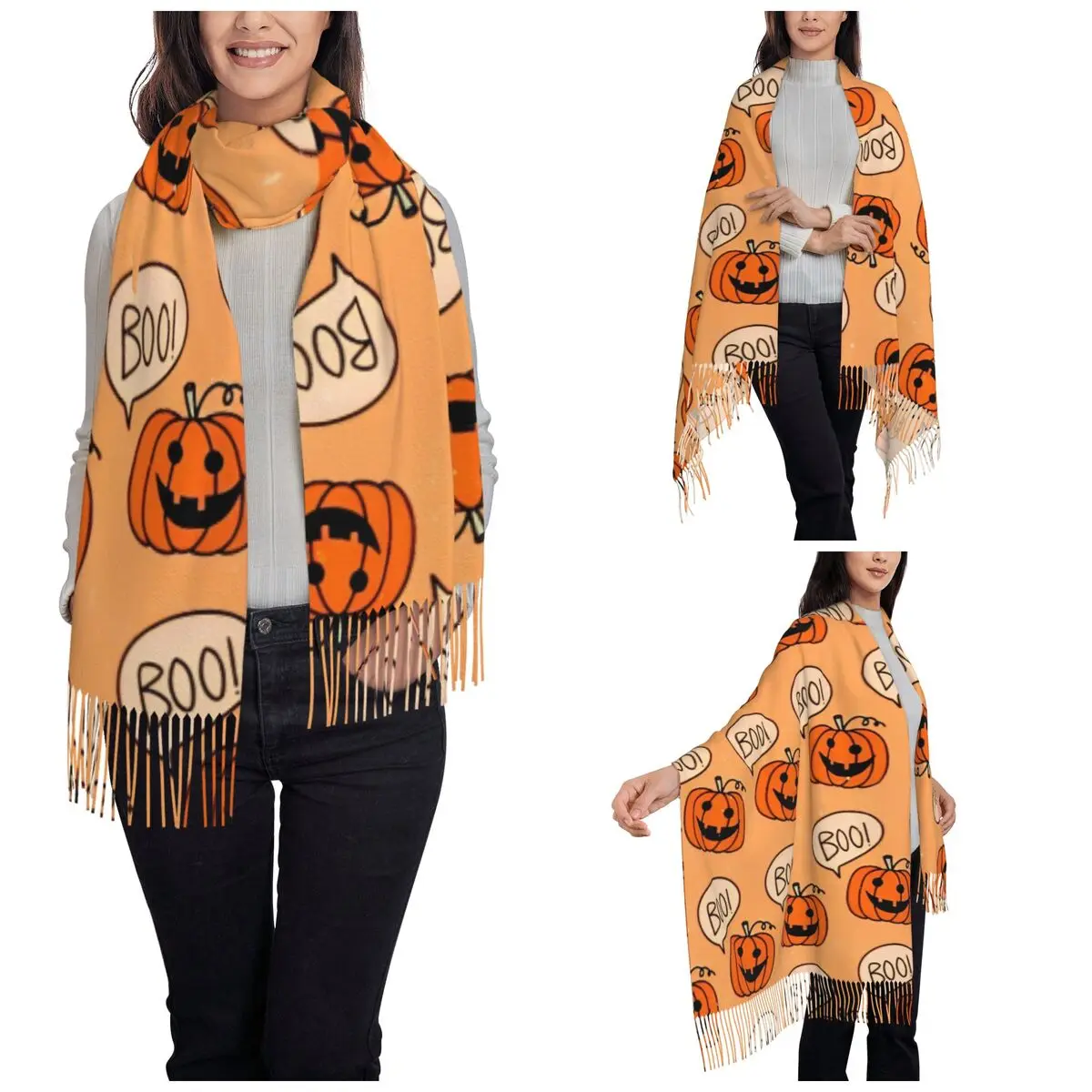 Halloween Pumpkins Ghosts Shawls Wraps for Women Winter Long Soft Scarf Trick or Treat Kawaii Neckerchief Shawl Scarves