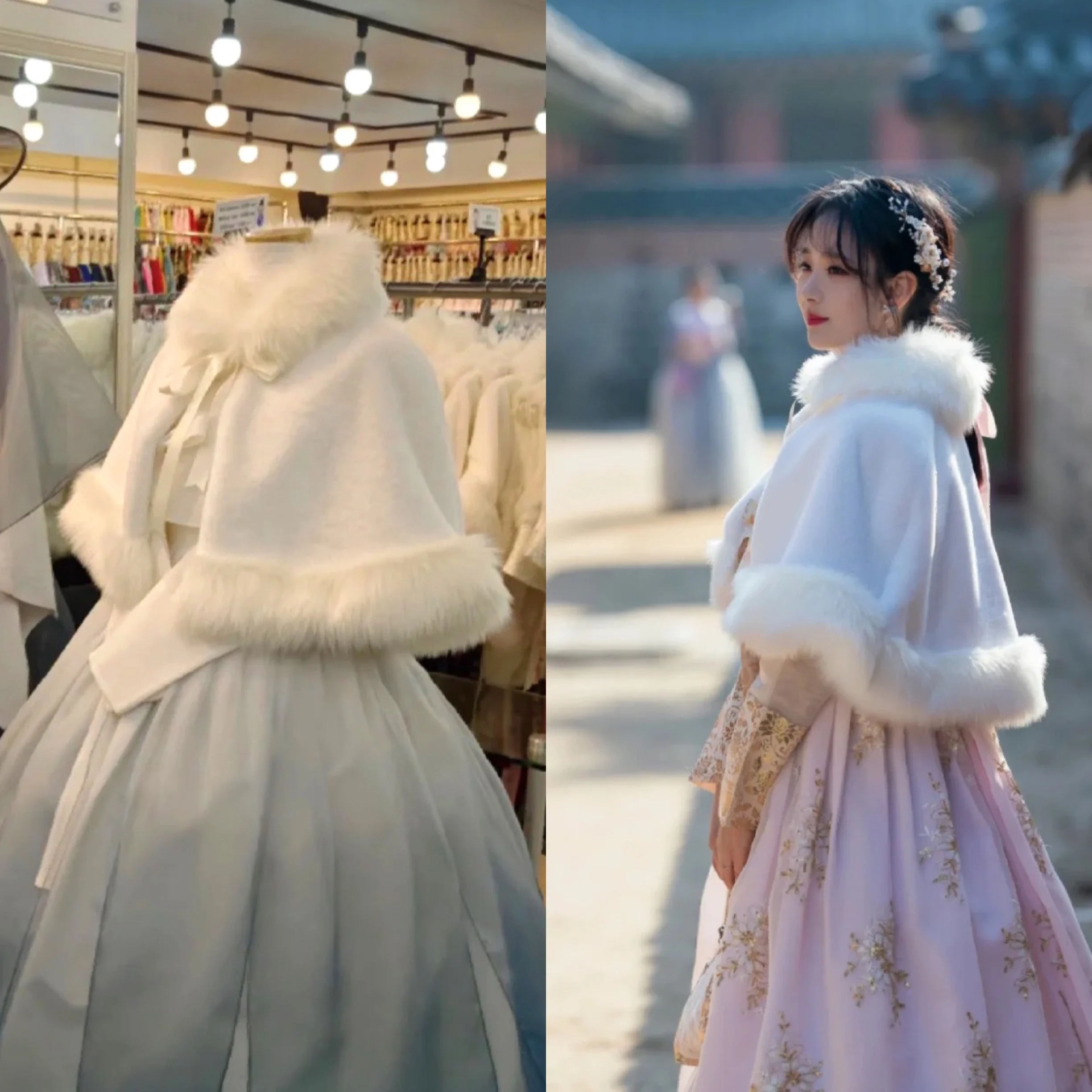 Modified Korean Traditional Costume Lolita Hooded Poncho Jacket Yanji Princess Cloak Autumn Winter New Arrival Women's Fashion
