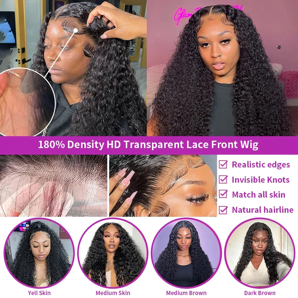 34 Inch Human Hair Water Wave Wig Natural Color 13x6 Frontal Curly Lace
