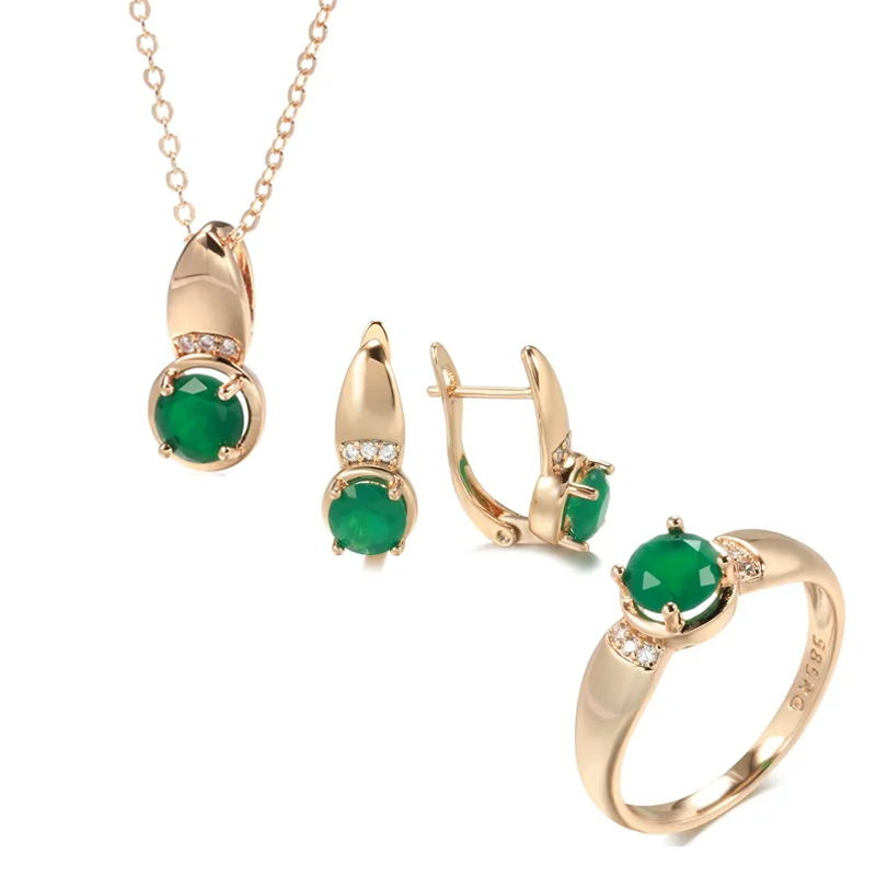 Wbmqda Luxury Retro Emerald Earrings Ring Necklace Sets For Women 585 Rose Gold Color Ethnic Wedding Party Fine Jewelry Gifts