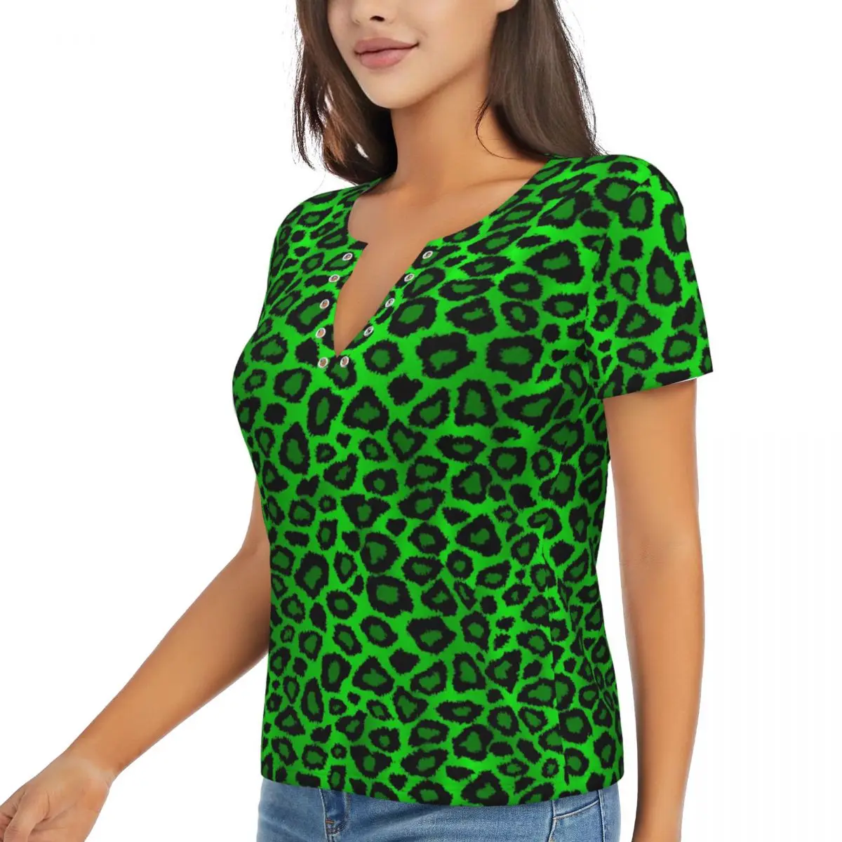 Leopard Animal T-Shirt Lime Green And Black Y2K Funny T Shirts Sexy Deep V Neck Short-Sleeve Graphic Tops 2024 Women Casual Tees