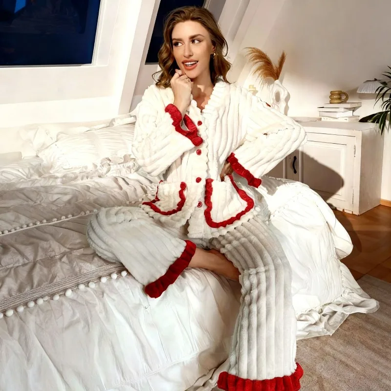 

Новый осенне-зимний женский пижамный комплект из жаккардового кораллового флиса, утолщенные брюки с круглым вырезом и длинными рукавами для уютного отдыха